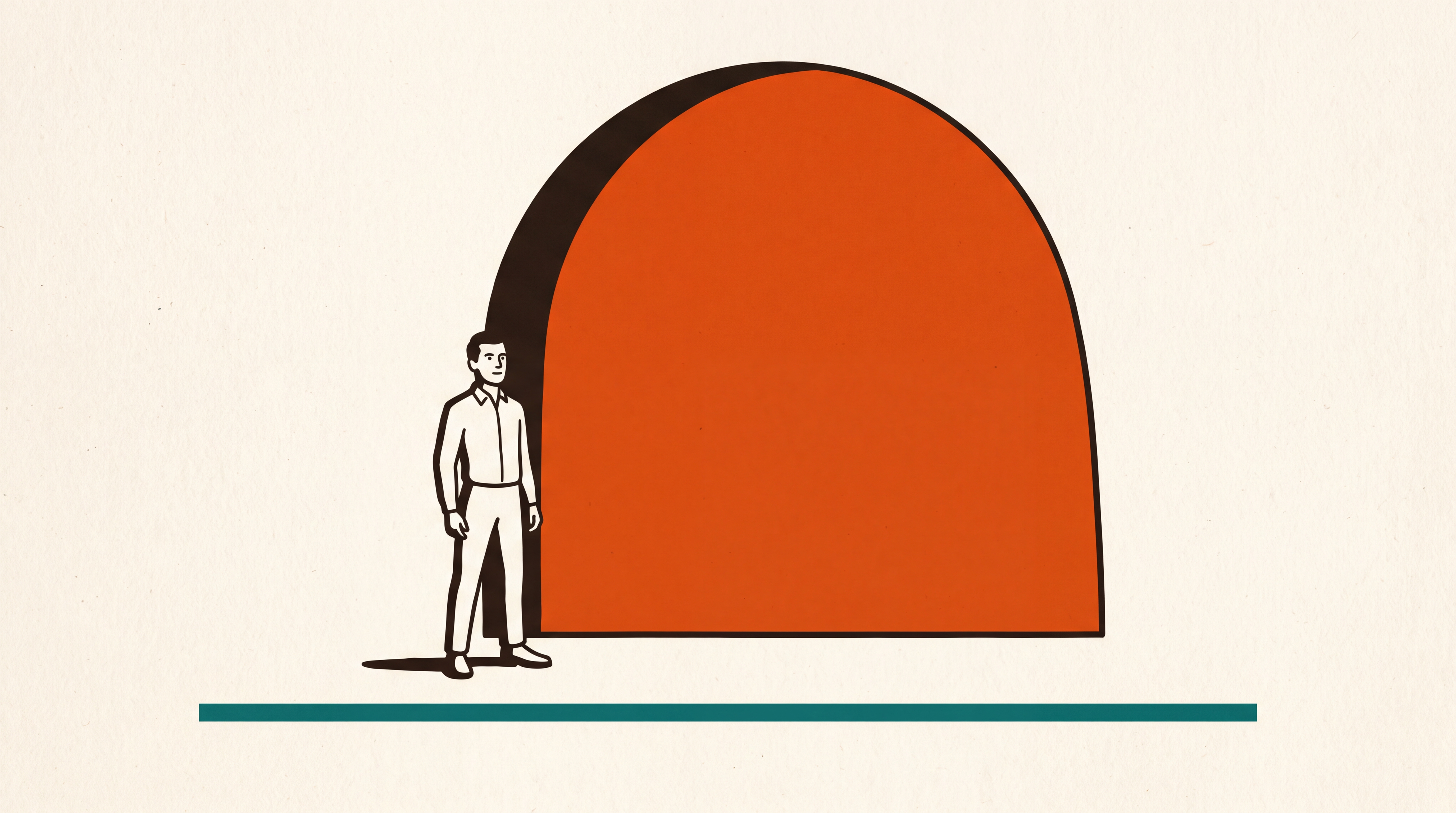 Flat poster illustration of a figure before a bold orange arch
