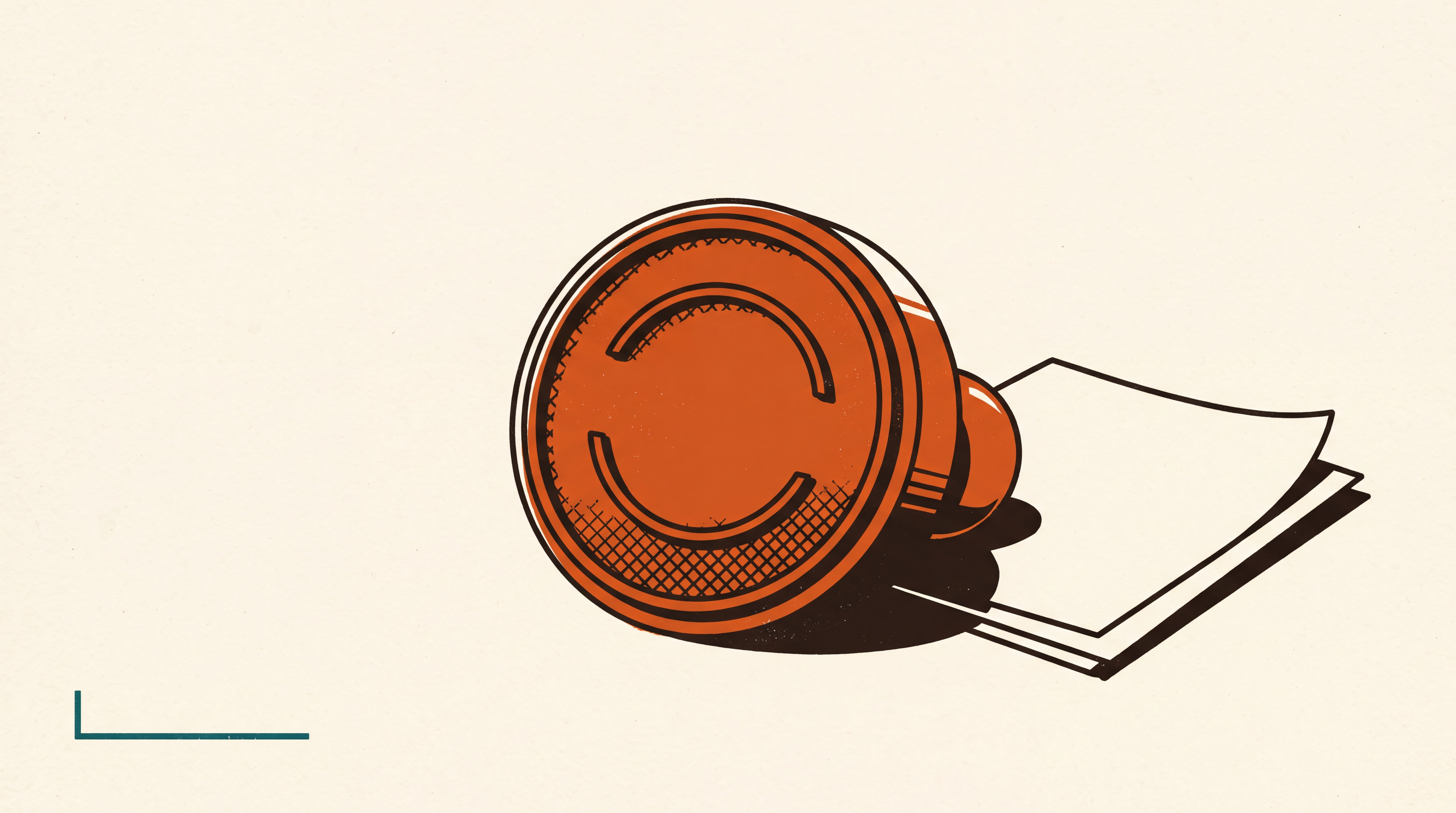 Flat poster illustration of an orange stamp seal beside paper