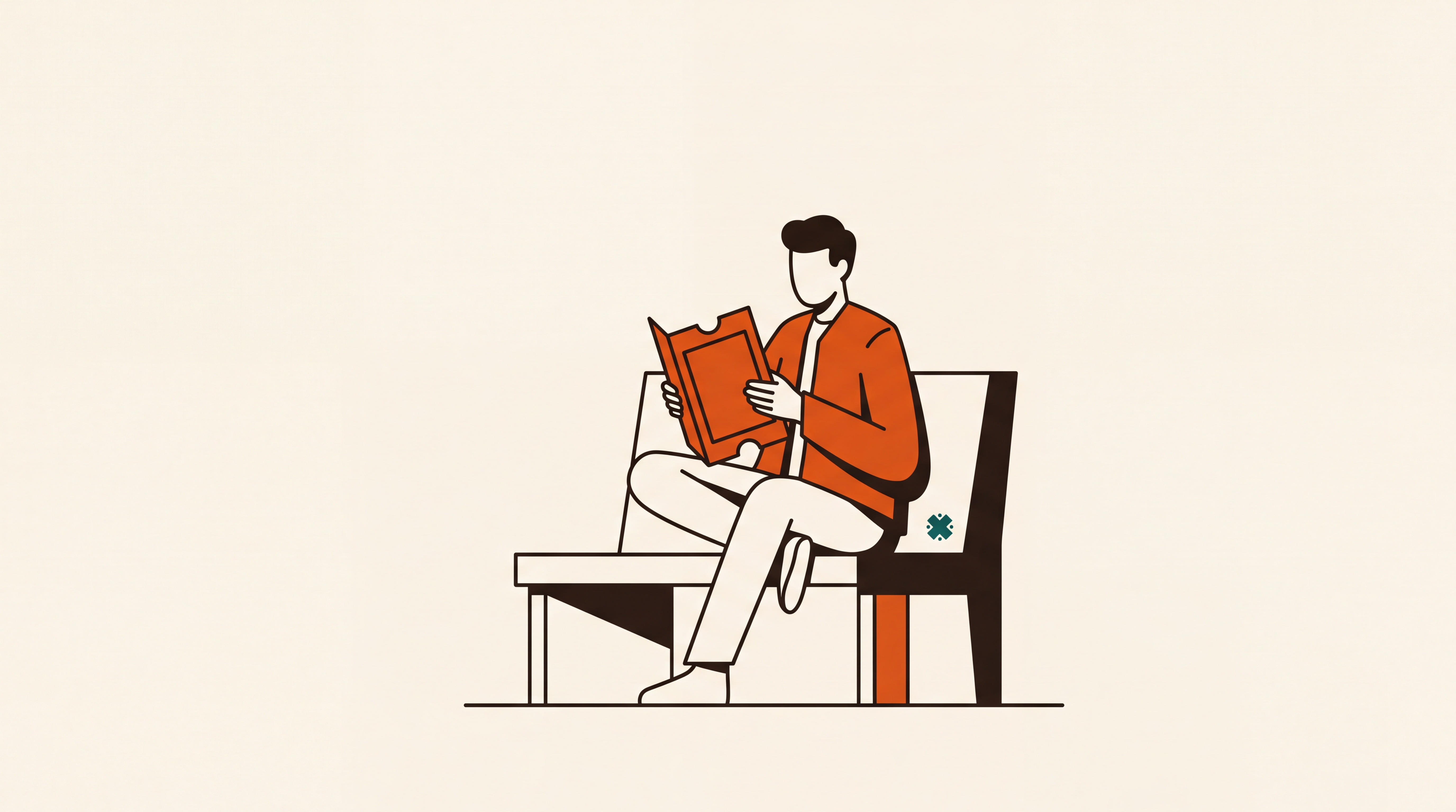 Flat poster illustration of a person studying with a ticket-shaped booklet