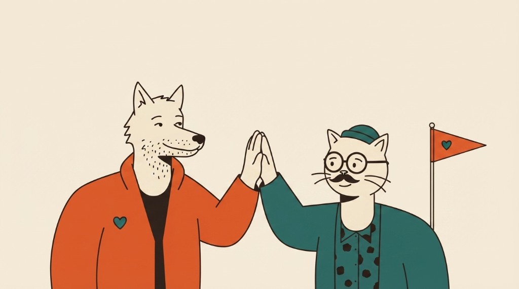 Wolf and cat high-fiving after study