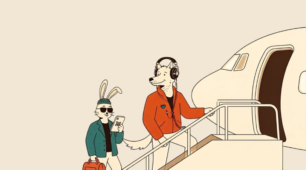 Dog and rabbit boarding a plane with headphones